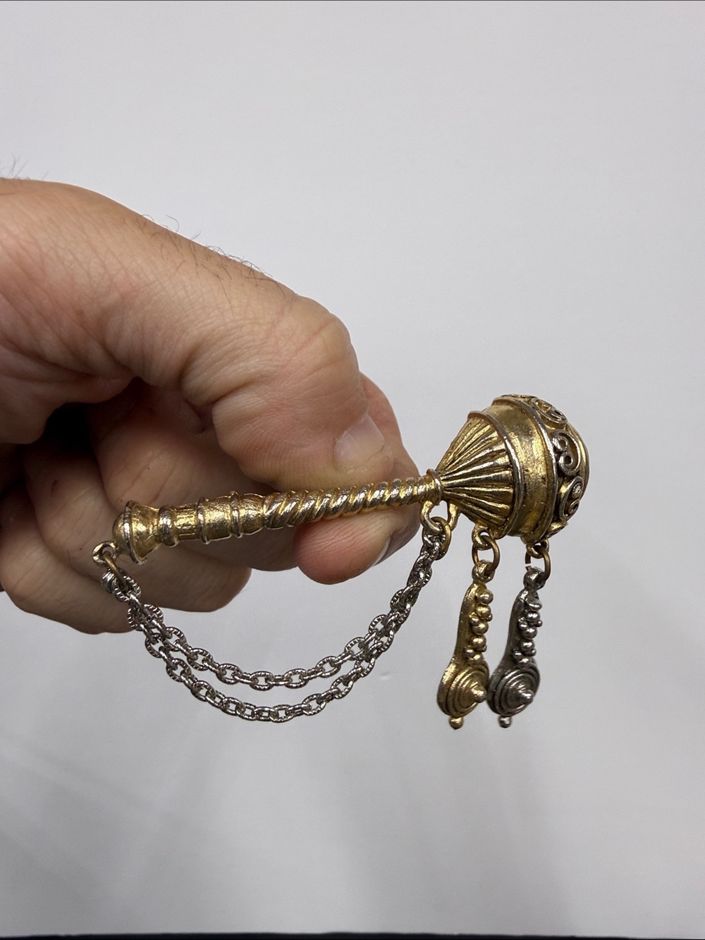 Gold-Tone Maracas Brooch with Mixed Chain Drops